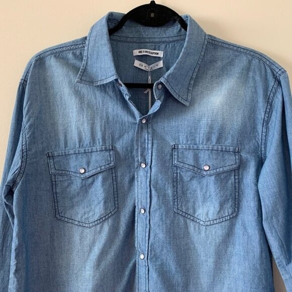 Revolve One Teaspoon Denim Button Down Shirt Chambray Frayed Blue Size XXS - Picture 7 of 16